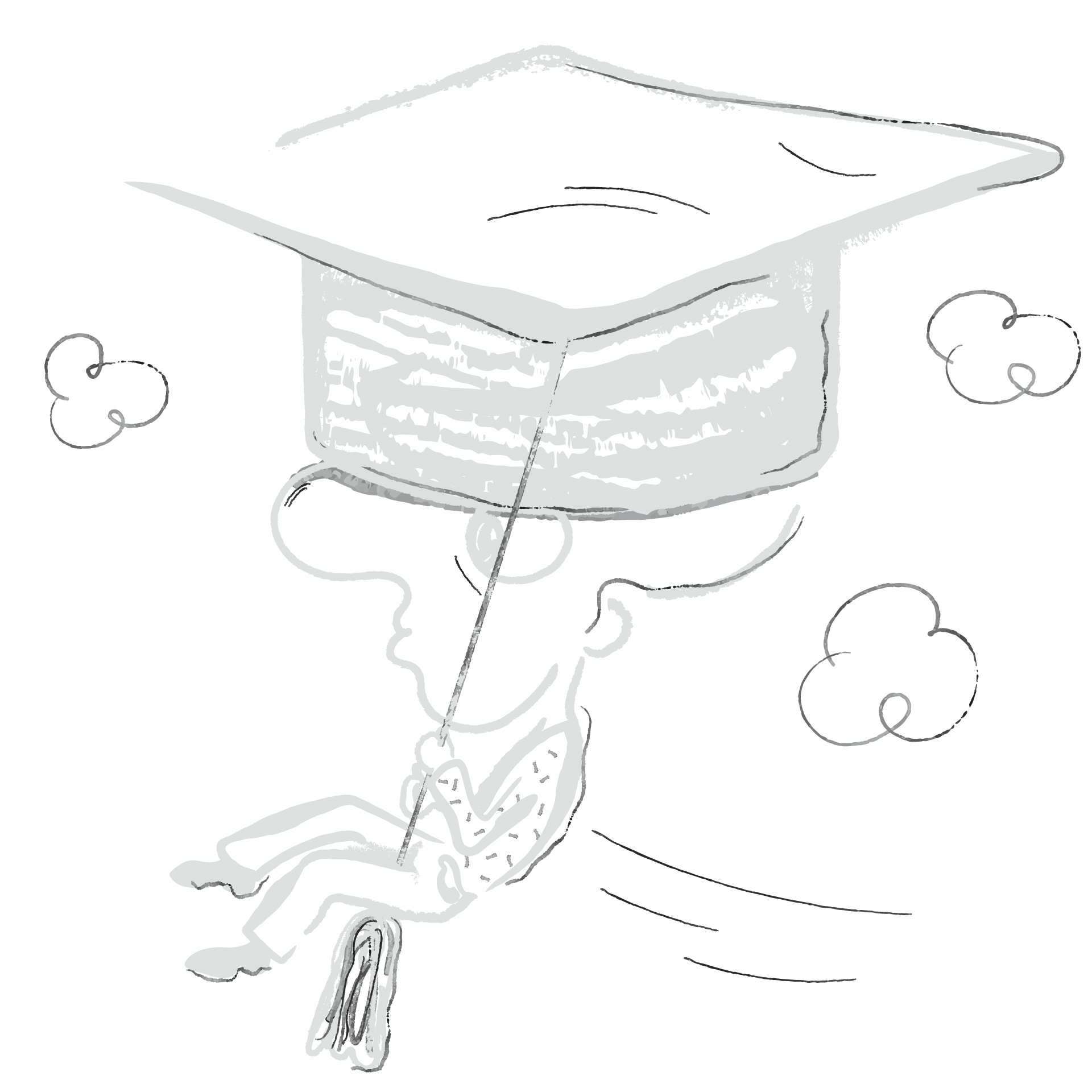 dark mode version of an abstract illustration of a flying person with a graduation hat.